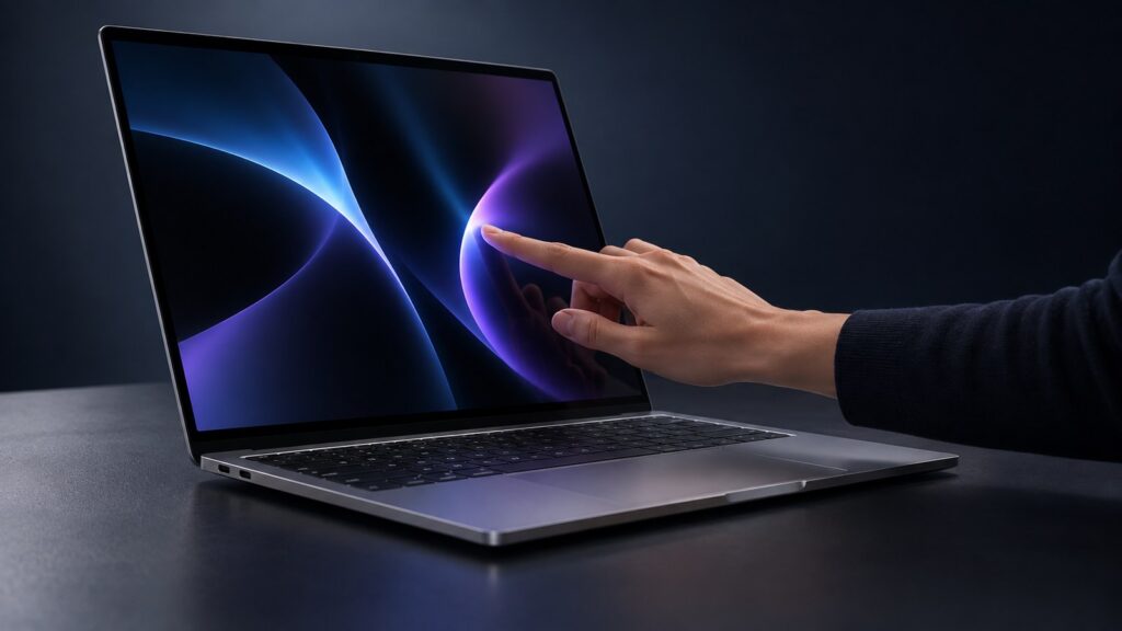 Illustration af en generisk tynd bærbar computer med OLED-lignende skærm og touchbetjening