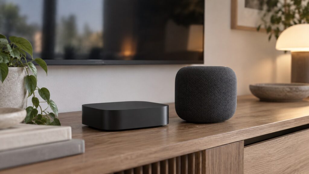 Generisk streamingboks og kompakt smart-højttaler på et træmøbel i en moderne stue