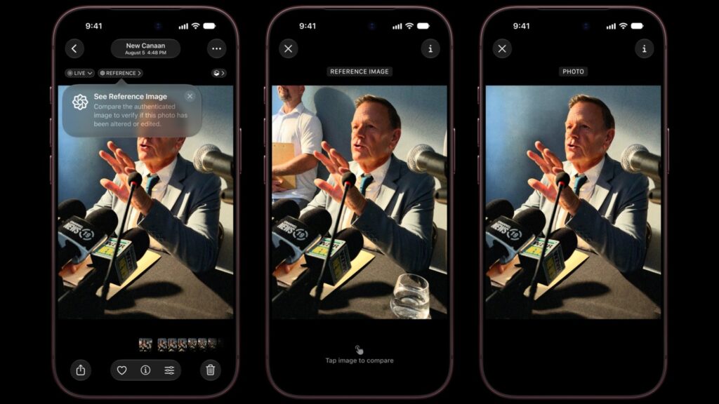 Tre iPhone 18 Pro viser et foto, det tilhørende Reference Image og en sammenligning i Fotos-appen