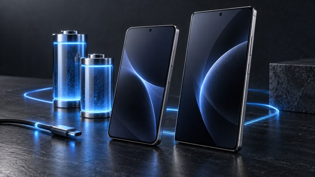 Original illustration af to smartphones ved battericeller og et opladningskabel